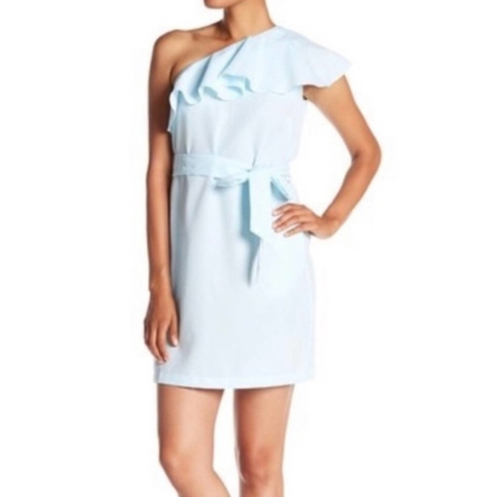 Donna Morgan Seersucker One Shoulder Dress